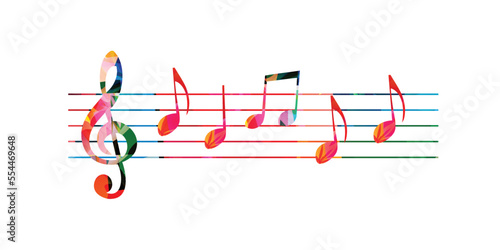 Vibrant music background with colorful musical notes and G-clef isolated. Vector illustration. Artistic music festival poster design, live concert events, party flyer, music notes signs and symbols