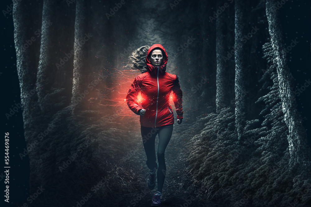 Fototapeta premium A woman in red runs through a forest track at night. Generative ai art