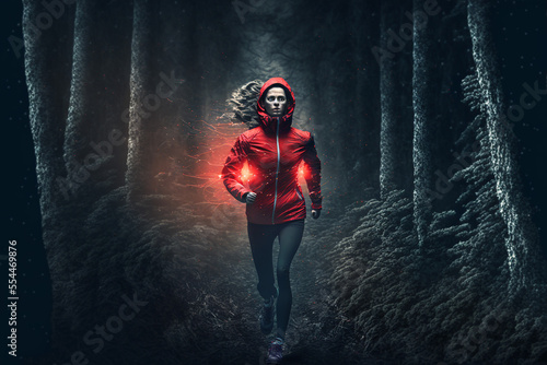 A woman in red runs through a forest track at night. Generative ai art