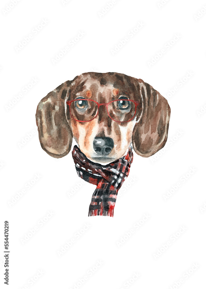 Watercolor dachshund illustration dogs breeds collection, Merry Christmas greeting card, Dog in santa,elf hat,  clothes, funny character printable portrait, costume, New year,lettering diy card design