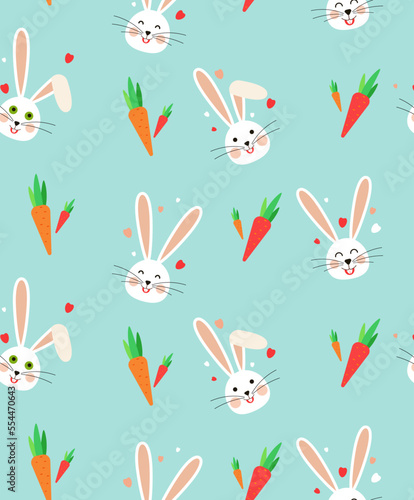 Seamless pattern of white bunnies with carrots on blue background. Flat style. Pattern for fabric or wallpaper.