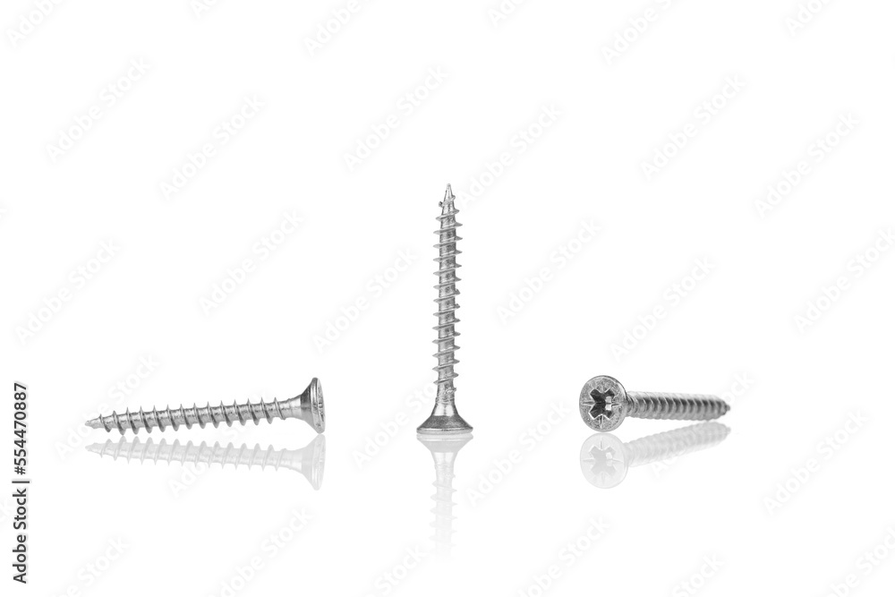 macro screw of silver color on a white background