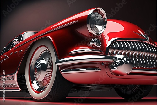  a red car with a chrome rim and a hood is shown in a black background with a red background. Generative AI photo