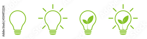 Green leaf of nature energy lamp light. Set of icons. Illustration	