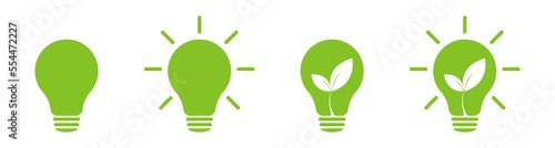 Green leaf of nature energy lamp light. Set of icons. Illustration	