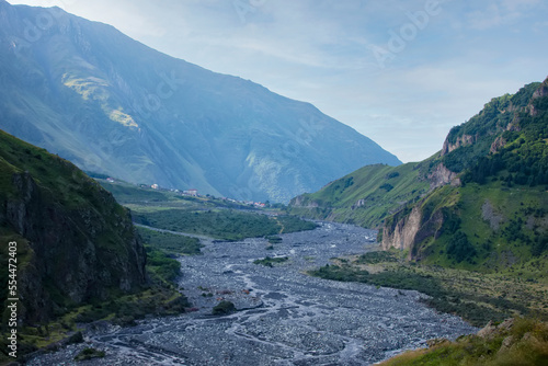 Georgian military road, Caucasus mountains. Beautiful mountainous area with a river.
