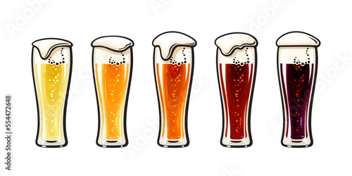 Hand drawn set of glasses of light and dark beer. Different types of craft fresh beer. Vector illustration. photo