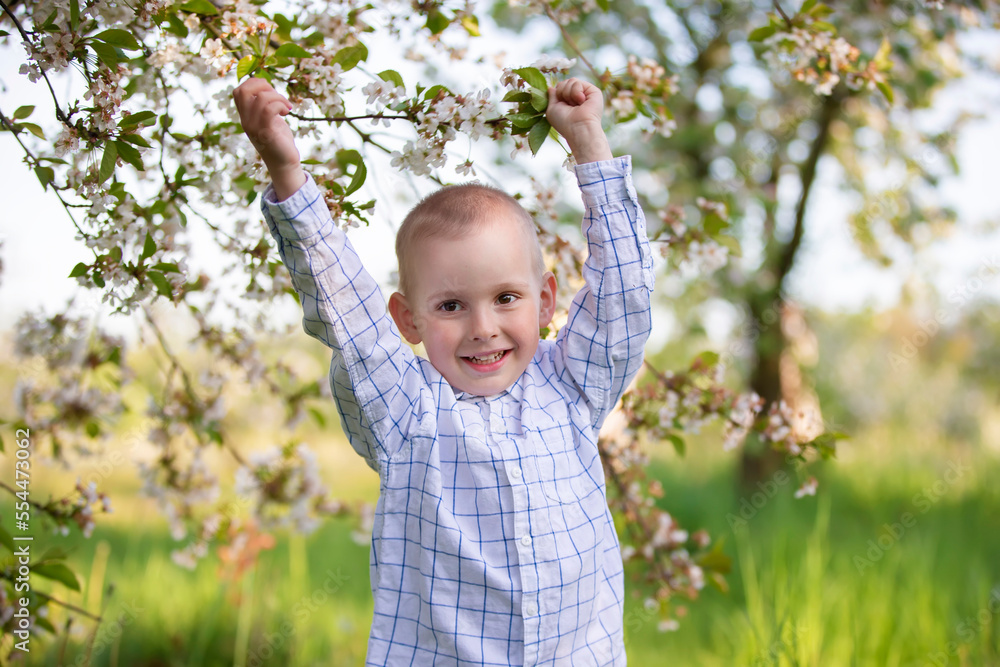 A happy child in a blooming spring garden rejoices, smiles. A happy child in a blooming spring garden rejoices, smiles.