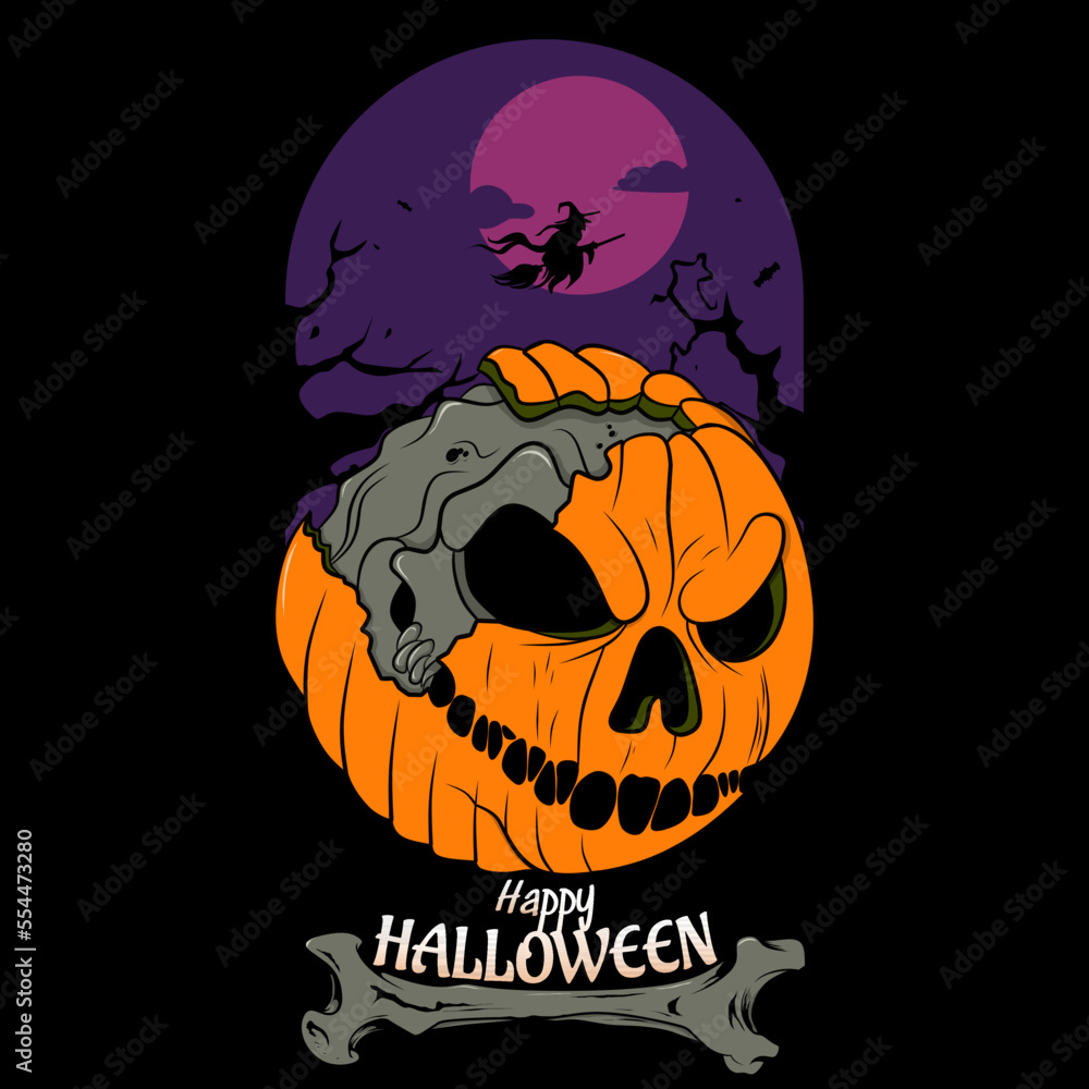 Pumpkin Happy Halloween with Skull in the Side and Some Decorations in the Background Illustation.Designs Concept for T-shirts, Tattoos, Stickers, Gaming Logos or Posters.