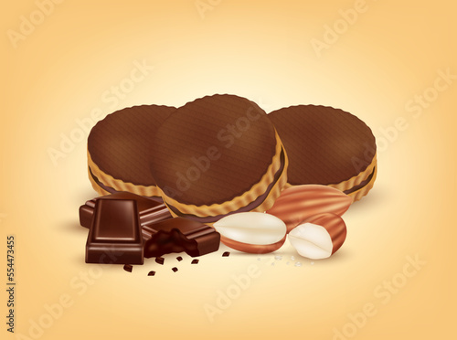 Chocolate almond biscuits delicious, chocolate cream dripping and cookies. Sweets and cooking dessert food appetizer. On a yellow background. Realistic 3D vector illustration.