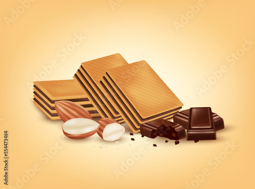 Chocolate almond biscuits delicious, chocolate cream dripping and cookies. Sweets and cooking dessert food appetizer. On a yellow background. Realistic 3D vector illustration.