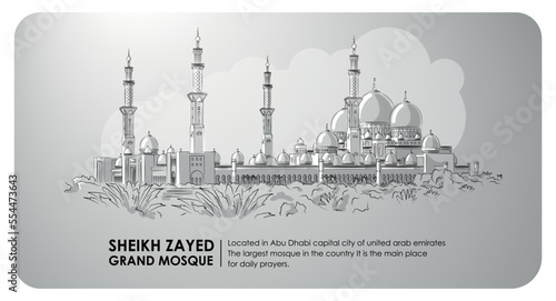 sheikh zayed grand mosque.
Important mosque of islam On gray background, islamic history, tourist attraction, world heritage, building. line art black and white vector illustration.