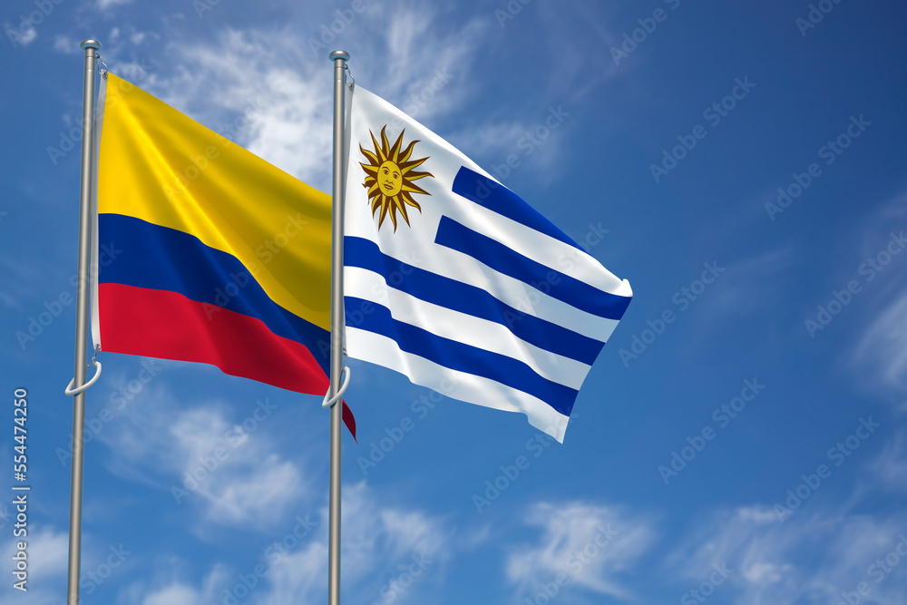 Republic of Colombia and Oriental Republic of Uruguay Flags Over Blue Sky Background. 3D Illustration Republic of Colombia and Oriental Republic of Uruguay Flags Over Blue Sky Background. 3D Illustration