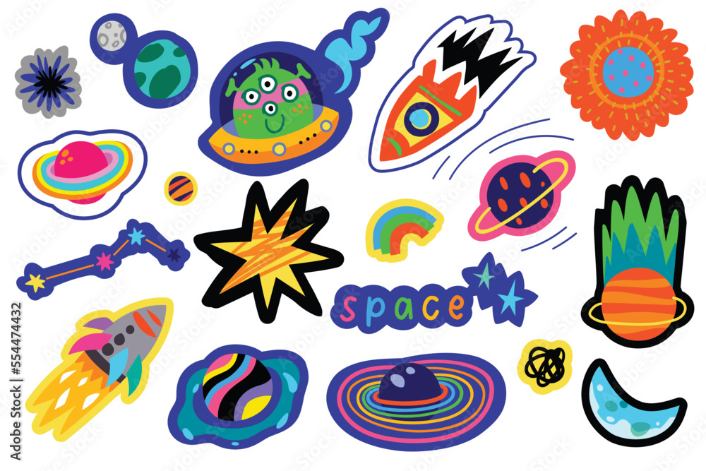 Space sticker collection with planets, rockets and stars in the night Space sticker collection with planets, rockets and stars in the night