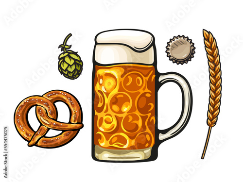 Big Oktoberfest mug full of beer, Bavarian pretzel, hop cone, bottle cap, barley ear. Vector illustration isolated on white background.
