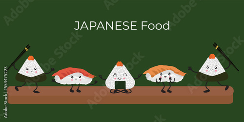 Vector illustration of Onigiri and sushi in the style of kawaii. Japanese fast food made of rice stuffed in the form of a triangle of nori seaweed