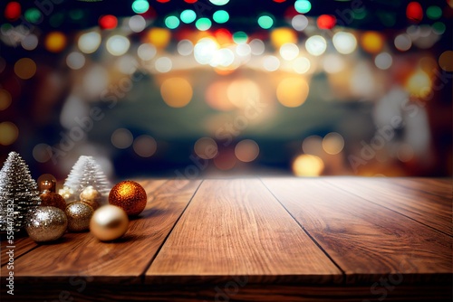 Arrière-plan de Noël avec table devant pour une présentation de produit avec boules, généré par une intelligence artificielle photo