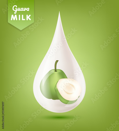 Guava inside milk droplets white realistic shiny. Cream yogurt drop falling with beautiful reflection. Isolated on green background. Used for nutrition products your design. 3d vector EPS10.
