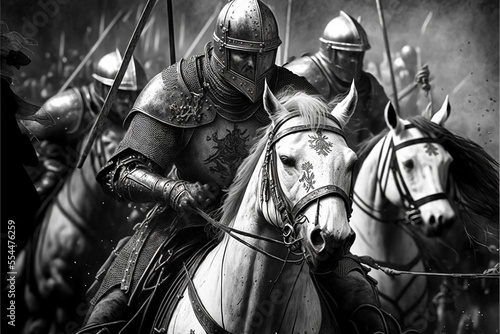 Fantasy medieval knights riding into battle, black and white monochrome line art for wall poster or album cover, computer Generative AI stock illustration image