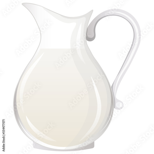 Glass jug with milk isolated on a white background. Baking, bakery shop, cooking, dessert, pastry concept. Vector illustration in cartoon flat style for poster, banner, card, advertising, cooking app