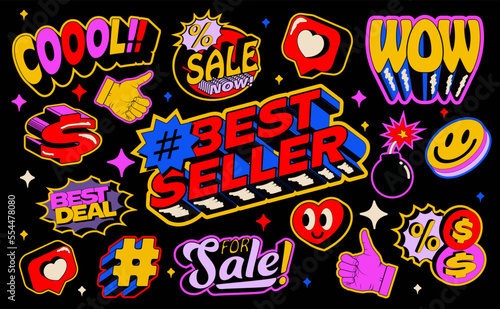 Retro bright colored best seller shopping sales sticker pack with vector nostalgic icon templates for season sale, shop discount, product promo. Vector illustration