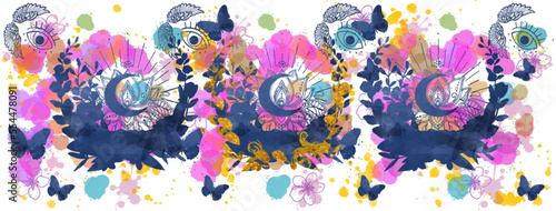 Watercolour floral pattern with moon, butterflies, splashes. Birthday, wedding, Ramadan, Holiday, yoga, tattoo template.