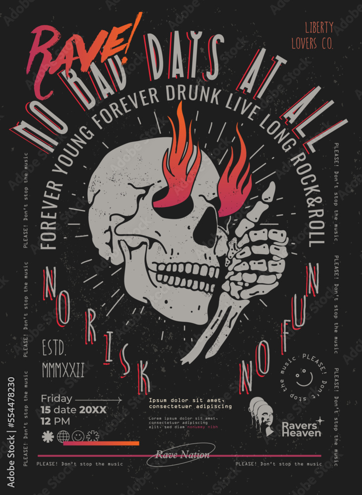 Punk music rave party poster or flyer design template with skull and typographic composition on black background. Vintage styled vector illustration