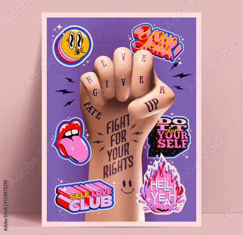 Never Give Up motivational poster design template with raised arm fist with motivational tattoos and retro funny stickers on purple background. Vector illustration