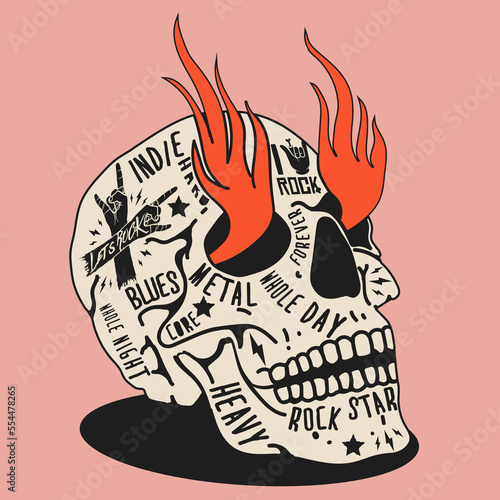 Vintage styled illustration of the skull with rock music themed tattoos on it for t-shirt print or poster design or music album cover isolated on pink background. Vector illustration