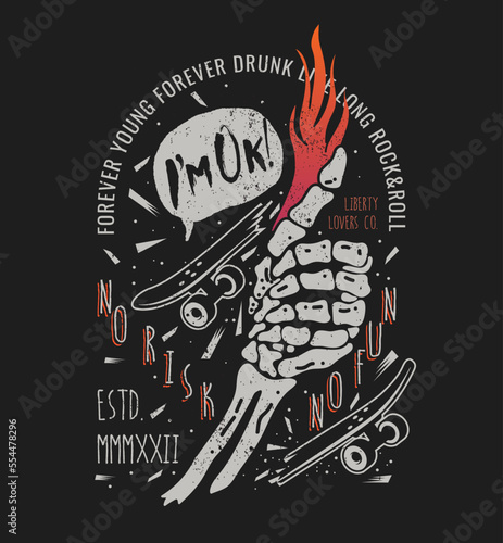 Skateboarding punk themed vector  illustration with skeleton arm thumb up gesture and broken skateboard with typographic composition on black background for t-shirt or hoodie or poster print