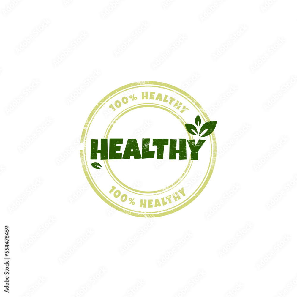 Healthy and natural products sticker, label, badge, stamp and logo with grunge effect. Ecology icon. Logo template with green leaves for healthy and natural products. Vector illustration Healthy and natural products sticker, label, badge, stamp and logo with grunge effect. Ecology icon. Logo template with green leaves for healthy and natural products. Vector illustration