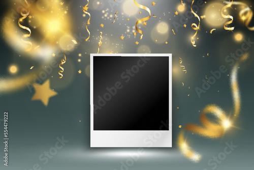 
Congratulatory photo frame with golden confetti.
