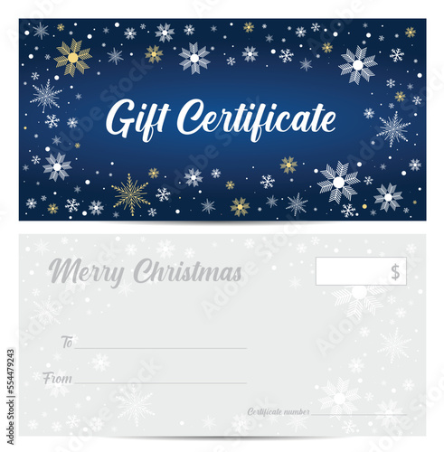 Christmas gift certificate design with snowflakes on blue background