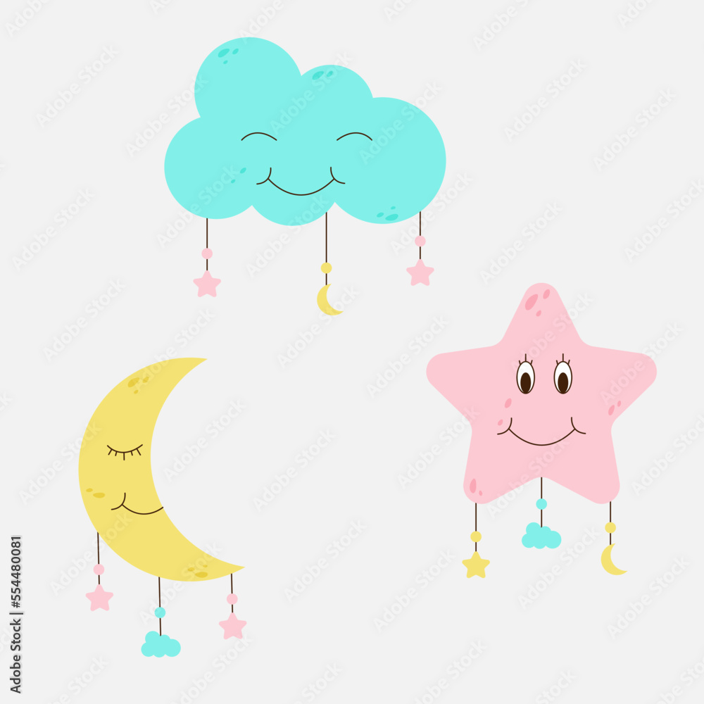 Set of cute cartoon images of moon, stars, clouds color vector illustration Set of cute cartoon images of moon, stars, clouds color vector illustration