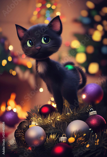 Cute little black cartoon kitten standing on the Christmas tree with colorful ornaments  Christmas lights background  AI generated image