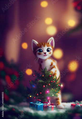 Cute tiny kitten on a little Christmas tree with presents, Christmas lights background, AI generated image