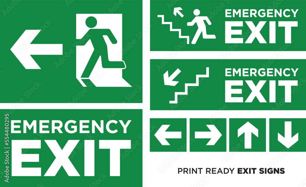 emergency exit sign on the wall, emergency exit sign mega set, vector