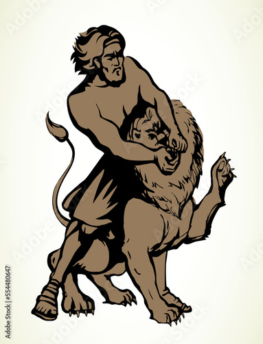 Samson fights a lion. Vector drawing