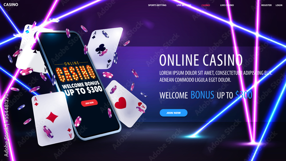 Obraz premium Online casino, banner for website with button, smartphone, poker chips and playing cards in purple scene with blue and pink neon line rays