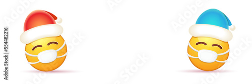 Vector Christmas horizontal banner with funky Emoji sticker with mouth medical protection mask and santa claus red hat isolated on white background. Yellow santa doctor smile face character set