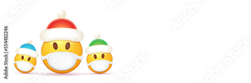 Vector Christmas horizontal banner with funky Emoji sticker with mouth medical protection mask and santa claus red hat isolated on white background. Yellow santa doctor smile face character set