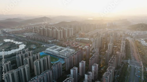 Aerial photography of high-rise residential areas and nearby schools photo