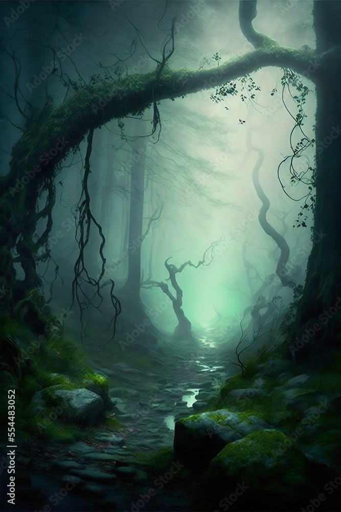 Spooky forest with fog created with AI