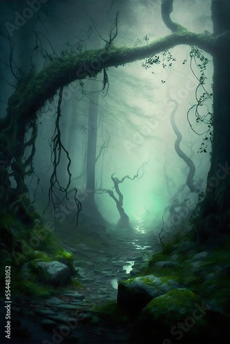 Spooky forest with fog created with AI