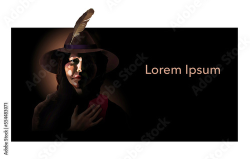 A middle aged woman in a wide brim hat with a feather and of Native American Indian ethnicity is seen in this 3-d illustration portrayed in a sterotypical fashion. photo