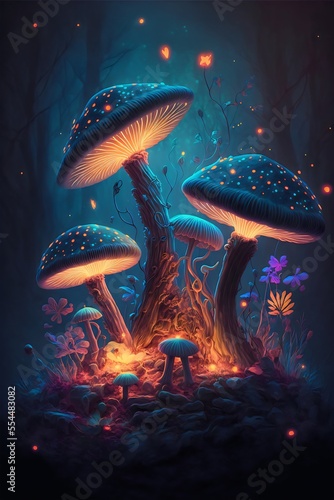 Glowing mushrooms created with AI