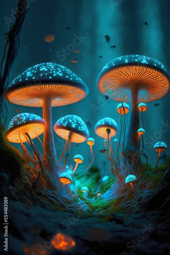 Glowing mushrooms created with AI