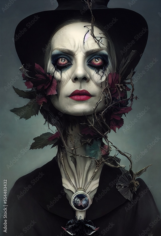Mystical creepy woman with frightening makeup. Gothic mystery woman