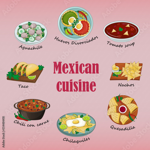 Set of Mexican dishes on pink background. Latin American traditional culture. Vector image. Cartoon.