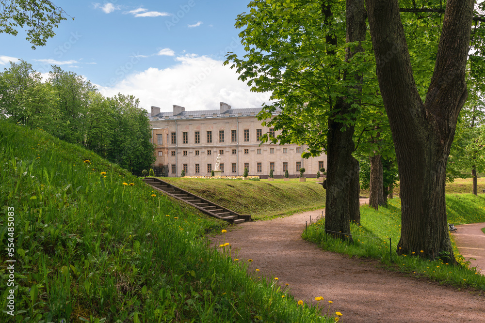 Fototapeta premium View of the alley in Gatchina Park and Gatchina palace on a sunny summer day, Gatchina, Leningrad region, Russia